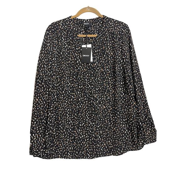 DKNY woman's blouse XL black brown white marks long‎ sleeve 1/2 button front - Picture 1 of 9